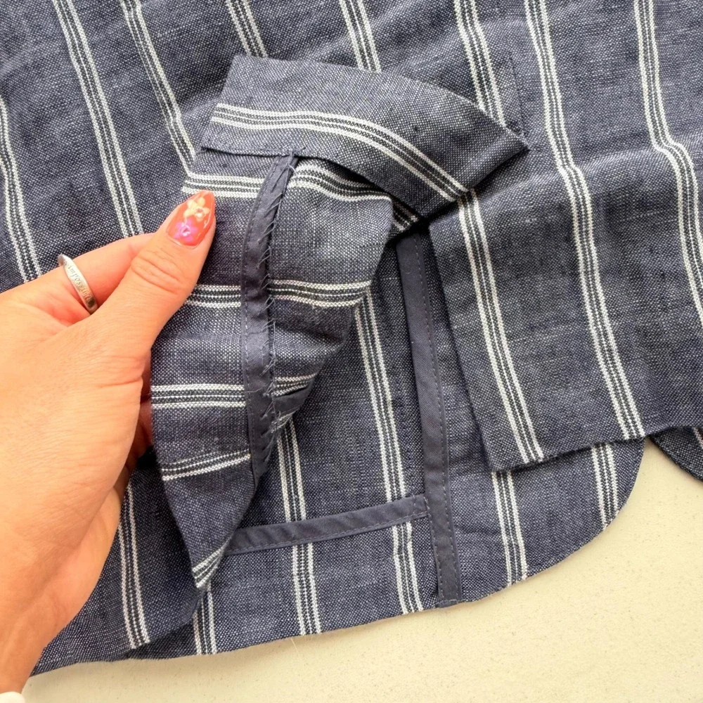 Cabi Women 8 Navy Blue White Stripe 100% Linen Anchor Button Blazer 871 Nautical